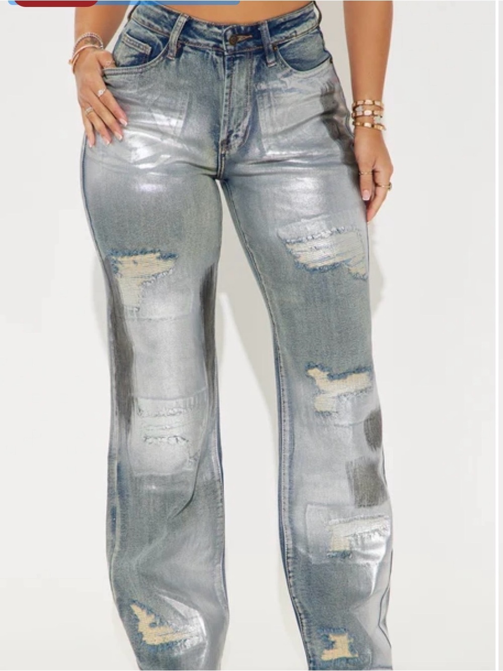 Fashion Nova Metallic Silver Distressed Wide-Leg Jeans